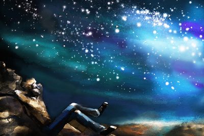 illustration of boy under starry sky